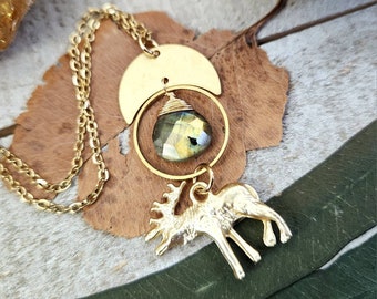 Artemis necklace - brass geometric jewelry - greek mythology necklace - Elk moose charm necklace - artemis jewelry - celestial jewelry gifts