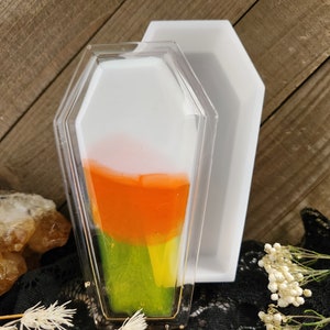 Goth coffin stash box - coffin storage box - goth stashbox - witchy storage - goth home decor - make up box - candy corn - resin dice box