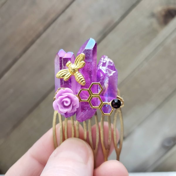 Quartz crystal hair comb - bee hair comb - quartz crystal hair piece - boho hair slide - summer hair clips - crystal hair comb - bee gifts