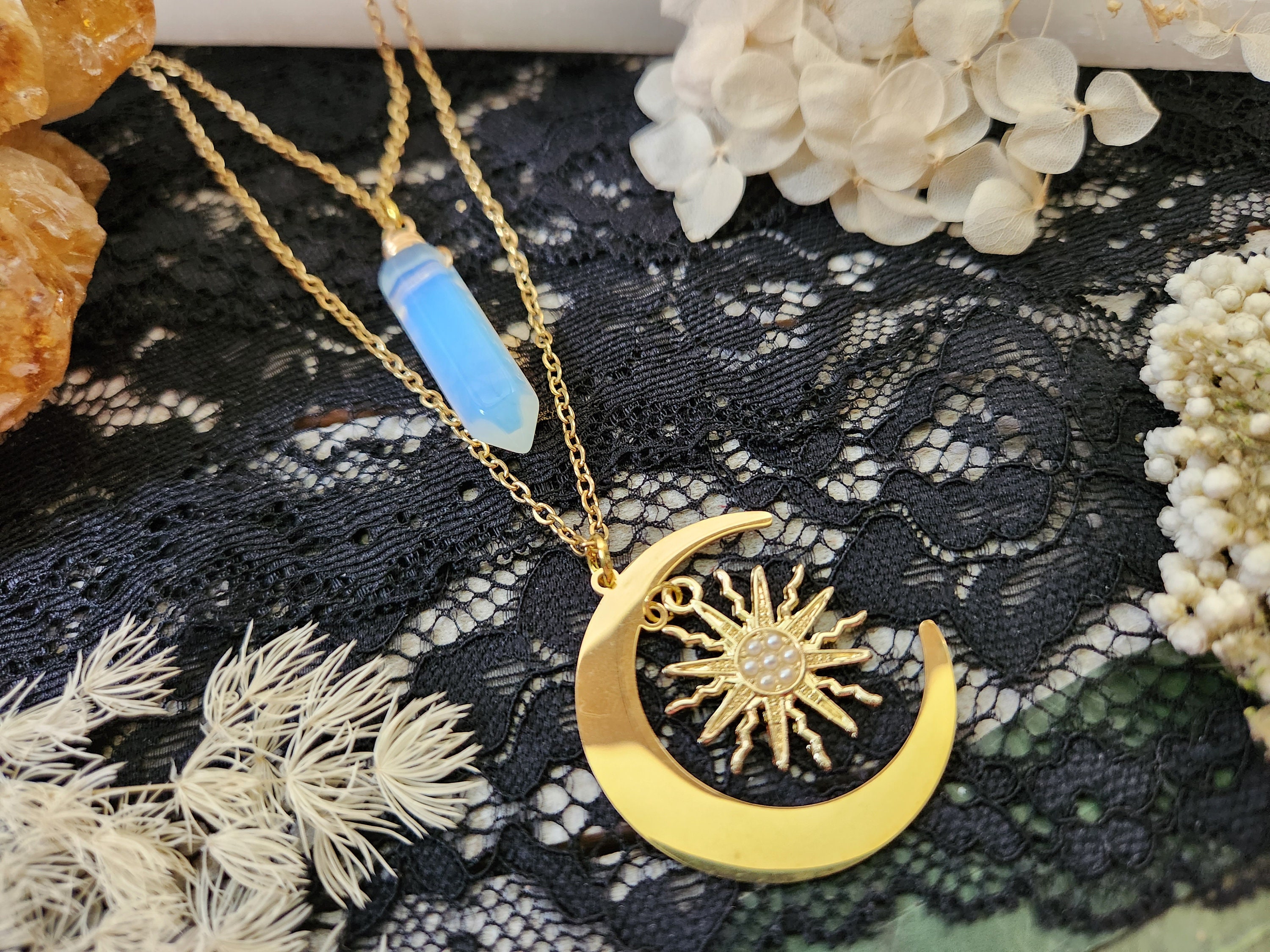 天体ジュエリー - ゴールドの月のネックレス - 太陽と月の星 - 二重層 