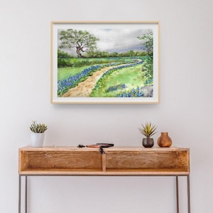 Texas Bluebonnet  watercolor art print, Texas Hill country wildflowers Austin Texas