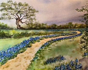 Bluebonnet  watercolor art print, Texas Hill country wildflowers Austin Texas