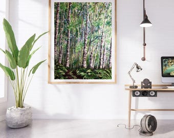 Birch tree art print, Birch trees painting, forest painting, Alaskan art, Alaska forest, Alaska painting, wall art, woodland scene