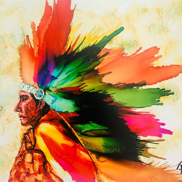 American Indian Art Native American Chiefs Headdress Feathered alcohol ink PRINT Indian Decor Decorative Wall art, Indian abstract painting