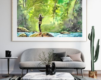 Könnte beinhalten: Aquarellgemälde einer Person, die in einem Wald mit der Fliegenrute fischt. Die Person steht auf einem Felsen in einem Fluss und wirft eine Leine aus. Der Hintergrund ist ein üppiger grüner Wald.