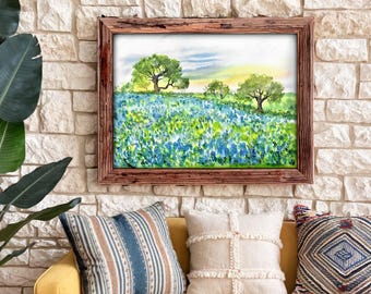 Bluebonnet meadow, watercolor, painting, art Landscape painting, Spring wildflowers Texas print