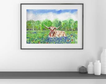 Texas Longhorn Bluebonnets  watercolor art print, Texas Hill country wildflowers