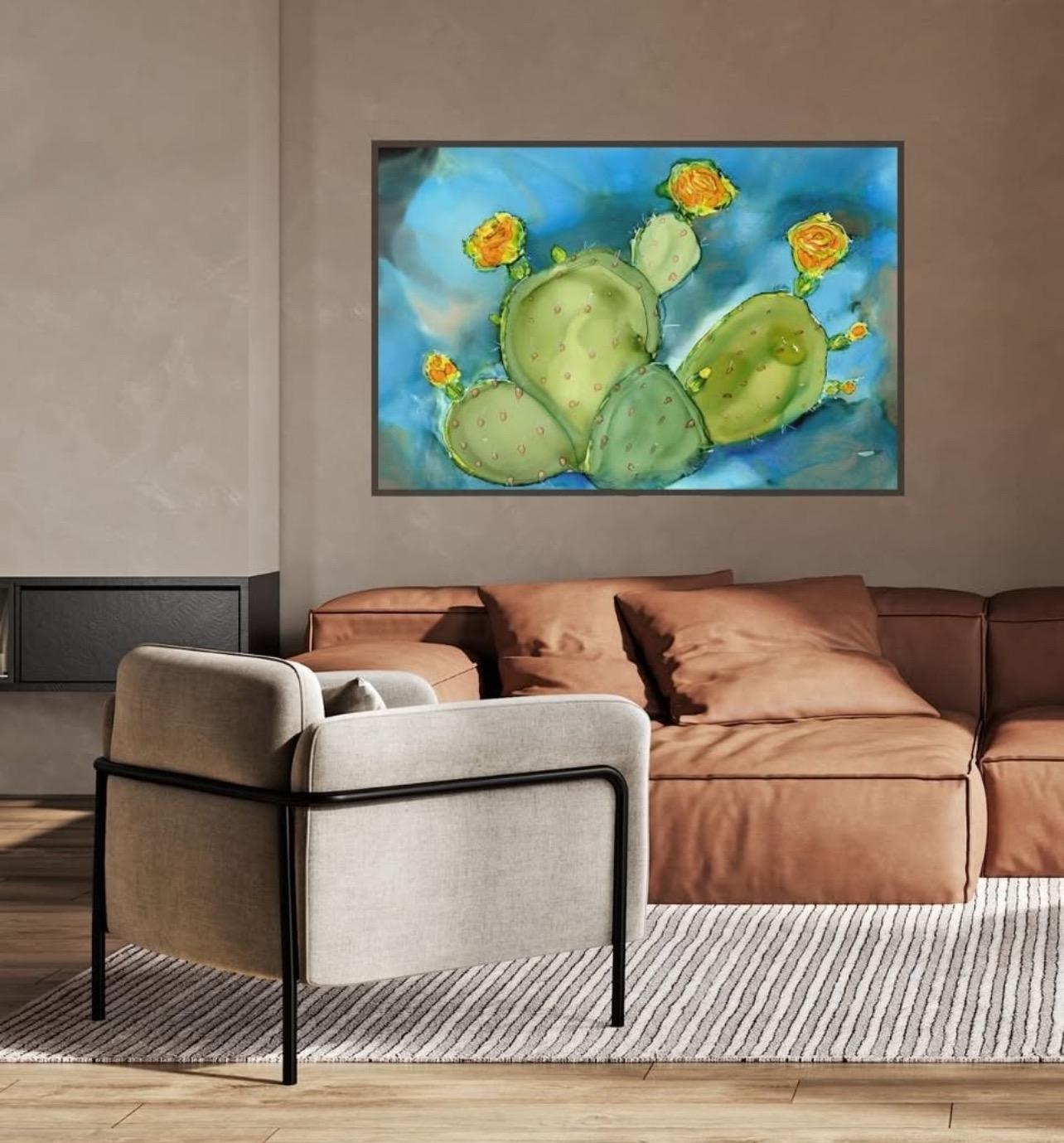 Southwestern Cactus painting, art print, bold, blue background, prickly pear, alcohol ink, art print size 8 x 10“