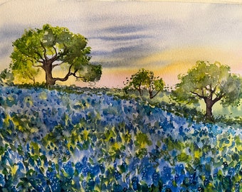 Bluebonnets, aquarel, schilderkunst, kunst Landschapsschilderkunst, Lente wilde bloemen Texas weide print