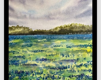 Bluebonnet watercolor art, original and prints, Texas Hill country Wimberley painting