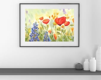 Bluebonnet Meadow Watercolor Print: Texas Spring Wildflower Landscape