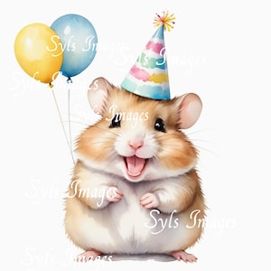 Anniversaire hamster avec chapeau de fête et ballons-téléchargement numérique instantané
