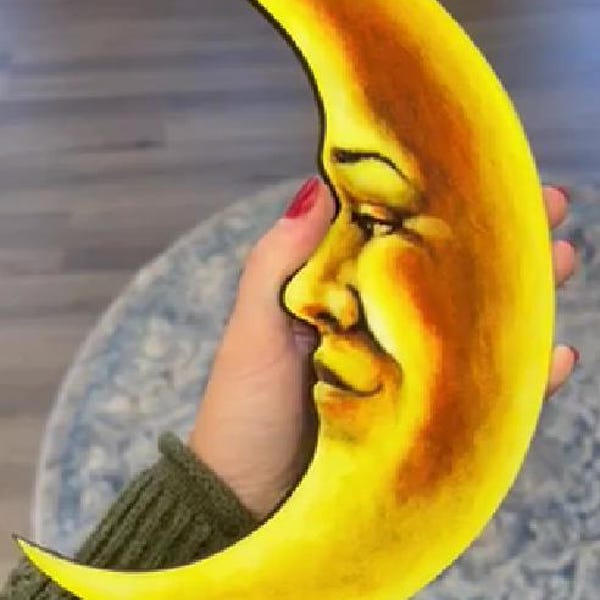 Vintage styled wood cut out- Crescent- Moon Face- with hanging hole