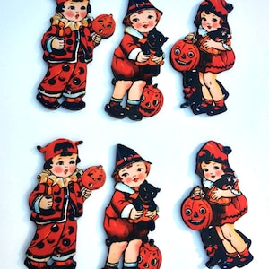 6 recortes de madera de niños disfrazados de Halloween antiguos