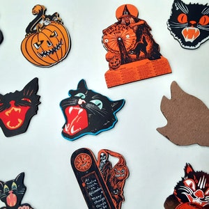 Recortes de cartón con temática de gatos y calabazas de estilo vintage para Halloween. 4A