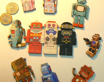 9 Vintage style robots wooden Die cut outs