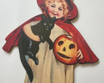 Ritaglio in legno in stile vintage - Ragazza con zucca e gatto nero