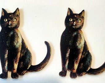 2 Gatos pretos maiores de Halloween em estilo vintage recortados em madeira