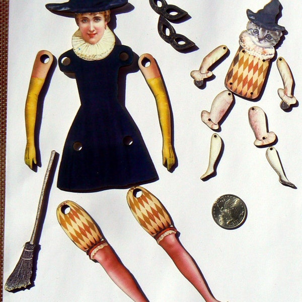 Halloween Witch with cat, broom, mask wooden die cut -jumping jack puppet-Doll