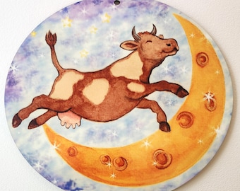 The Cow jumped over the moon -MDF wood cutout with hanging hole- High gloss