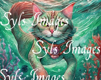 Mermaid Cat  -Instant digital download- with and without background PNG