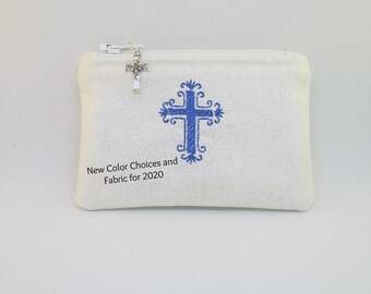 Rosary Pouch Cream Embroidered Fabric Women/'s Catholic Gift Small Zippered Pouch Monogram