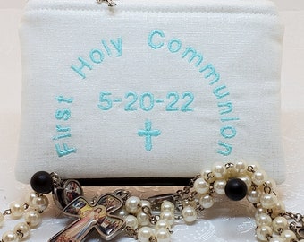 Customized Rosary Pouch, First Communion, Machine Embroidery, Catholic Gift, White,