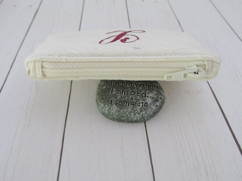 Rosary Pouch Cream Embroidered Fabric Women/'s Catholic Gift Small Zippered Pouch Monogram
