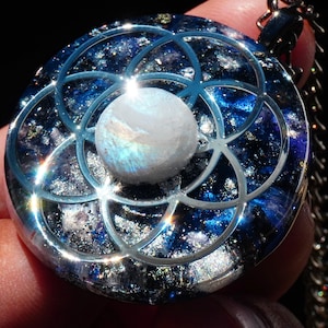 Cosmosis - Orgonite Pendant 1.5&quot;- Meditation Tool - Sacred Geometry Seed of Life Jewelry - Moonstone - Poetry Included