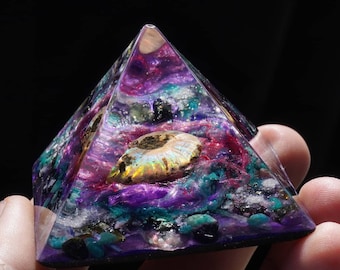 SPIRAL LIGHT SHOW Orgonite Pyramid: Galaxy Vortex, Meditation Tool with Poetry Print