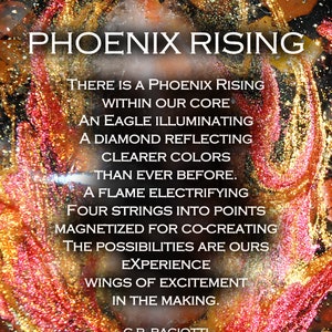 May include: A motivational quote about rising above challenges, with the text "PHOENIX RISING" in large white letters against a background of red, gold, and black glitter. The quote reads: "There is a phoenix rising within our core. An eagle illuminating a diamond reflecting clearer colors than ever before. A flame electrifying four strings into points magnetized for co-creating. The possibilities are ours experience wings of excitement in the making. - C.R. BACIOTTI"