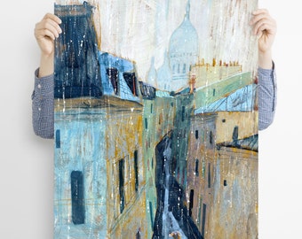 Paris Print, Travel Drawing, France Poster, Rain illustration,  Blue Painting, Cityscape Poster, Montmartre Art, Green Wall Decor