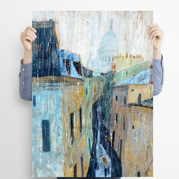Paris Print, Travel Drawing, France Poster, Rain illustration,  Blue Painting, Cityscape Poster, Montmartre Art, Green Wall Decor