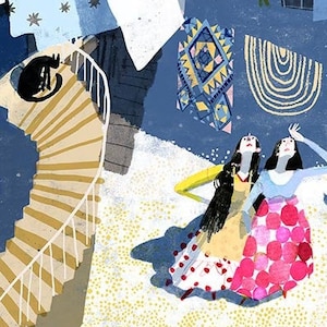 May include: Two women in colorful dresses stand in a room with a white ceiling and blue walls. The women are looking up at something off-camera. There is a staircase in the background with a black cat sitting on a step.
