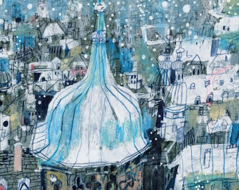 Blue print,  Winter poster, Romantic Wall Art, Vienna Painting, Travel Home Decor, Architecture Art, Urban Drawing, Cityscape Sketch