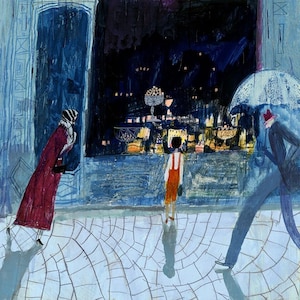 Blue Paris Print, France Poster, Rain illustration, Blue Painting, Montmartre Art,