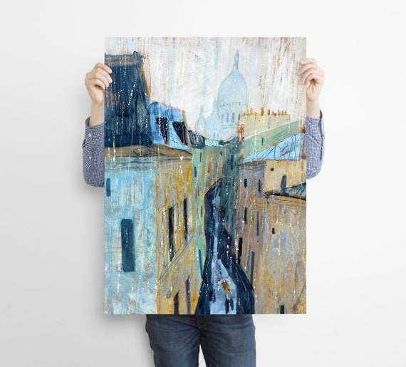 Paris Print, Travel Drawing, France Poster, Rain illustration,  Blue Painting, Cityscape Poster, Montmartre Art, Green Wall Decor