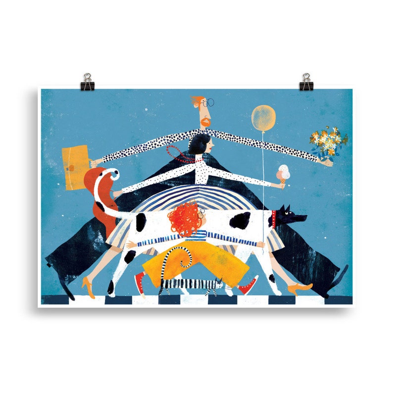 May include: A colorful illustration of a family walking together. The family consists of two adults, a child, and two pets. The adults are holding hands, and the child is holding a balloon. The pets are a dog and a cat. The family is walking on a blue background with white stars.