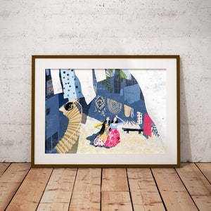 May include: A colorful illustration of two women in long skirts and headscarves standing in front of a blue building with a staircase. The building has a patterned design and a window with a view of a green plant. The illustration is set against a white background.