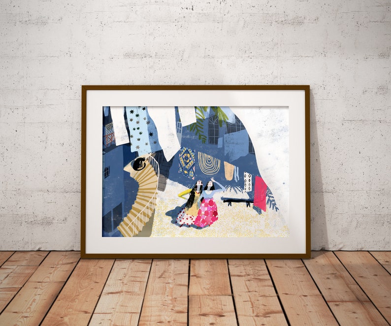 May include: A colorful illustration of two women in long skirts and headscarves standing in front of a blue building with a staircase. The building has a patterned design and a window with a view of a green plant. The illustration is set against a white background.
