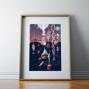 London Poster, Abstract Wall Art, Red Poster, England Illustration, Navy Art, Giclee print, Travel image 6