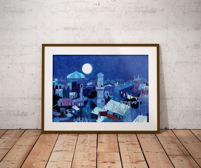 Moonlight Print, Night Print, Blue Print, Blue wall decor, Moon art, Night art print, Blue painting, Moon print, Moon poster, blue poster image 3