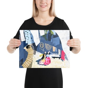 May include: A colorful illustration of two women in dresses standing in a room with a staircase and a patterned rug. The room is decorated with blue and white patterned wallpaper and a red door.