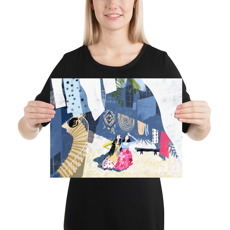 May include: A colorful illustration of two women in dresses standing in a room with a staircase and a patterned rug. The room is decorated with blue and white patterned wallpaper and a red door.