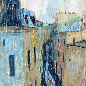 May include: A painting of a narrow street in a city with tall buildings on either side. The buildings are painted in shades of blue, yellow, and brown. The street is paved with cobblestones and a single person is walking down the street. The sky is a light blue and there are clouds in the sky. In the distance, a large white building with a dome can be seen.