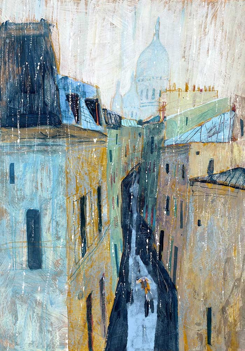May include: A painting of a narrow street in a city with tall buildings on either side. The buildings are painted in shades of blue, yellow, and brown. The street is paved with cobblestones and a single person is walking down the street. The sky is a light blue and there are clouds in the sky. In the distance, a large white building with a dome can be seen.