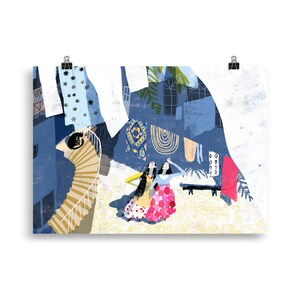 May include: Two women in colorful dresses stand on a white surface with their arms raised. They are surrounded by a blue and white cityscape with a staircase and laundry hanging on a line.
