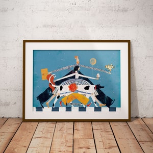 May include: A colorful illustration of four people walking with their dogs on a black and white checkered path. The people are wearing colorful clothing and the dogs are black and white. The background is a blue sky with stars.