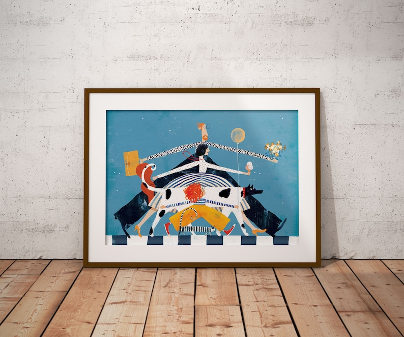 May include: A colorful illustration of four people walking with their dogs on a black and white checkered path. The people are wearing colorful clothing and the dogs are black and white. The background is a blue sky with stars.