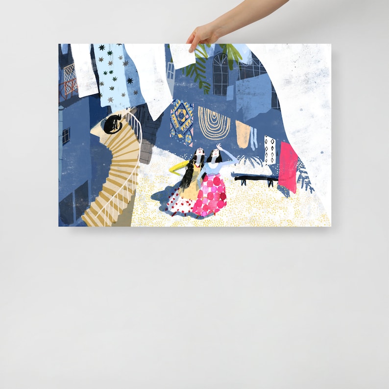Girls and Cats print, Blue Living Room Wall Art image 9